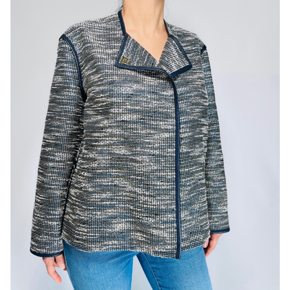 Lafayette 148 New York Woman’s Blazer Blue White Jacket, Size L Leather Trim - Picture 16 of 16